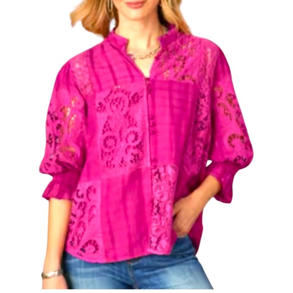 Sundance Tops - Sundance Garbo Pink Lace Patchwork Blouse Fuchsia Eyelet Button Front Top Large